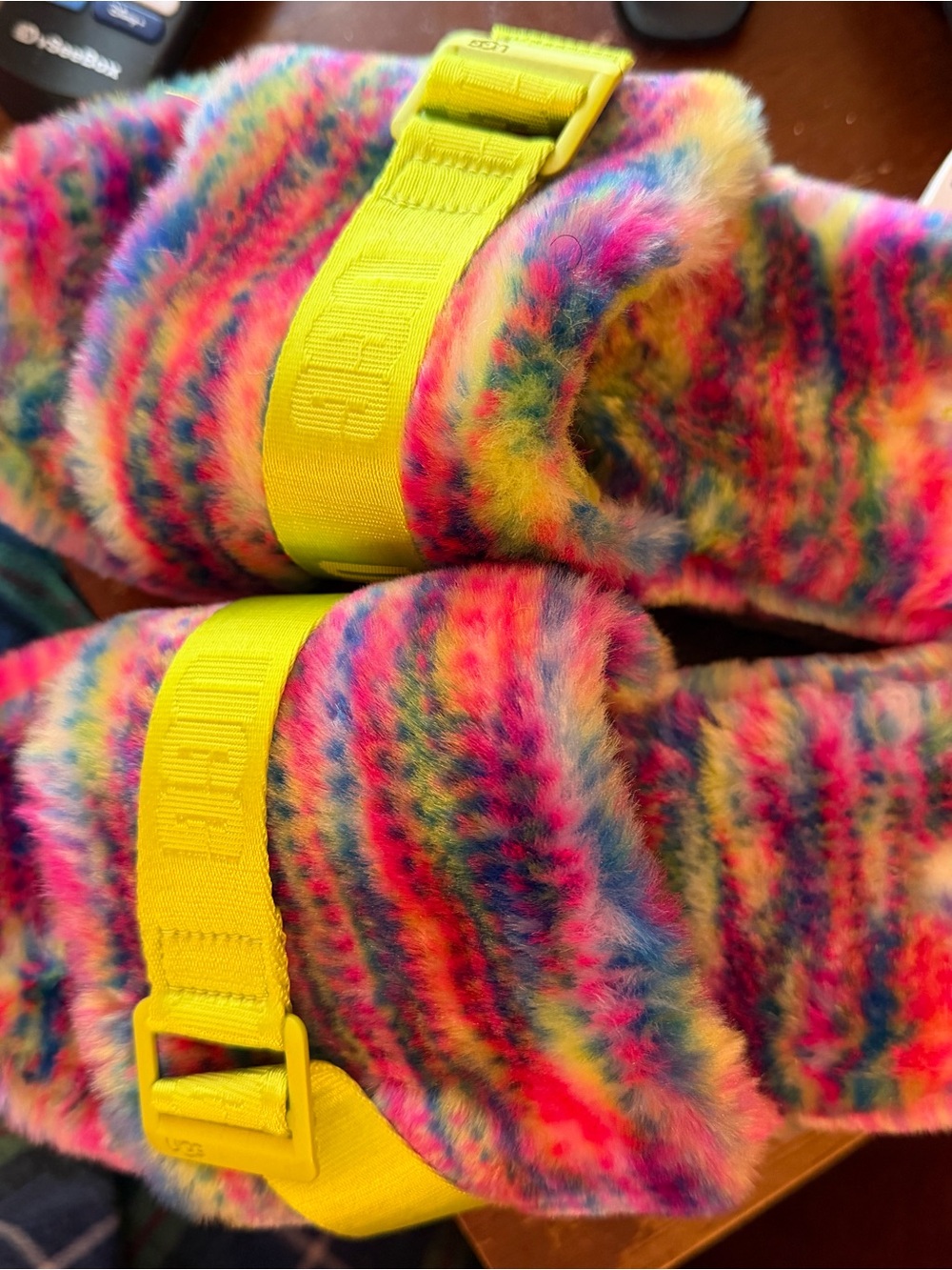 UGG Rainbow Faux-Fur Slide with Neon Yellow Strap